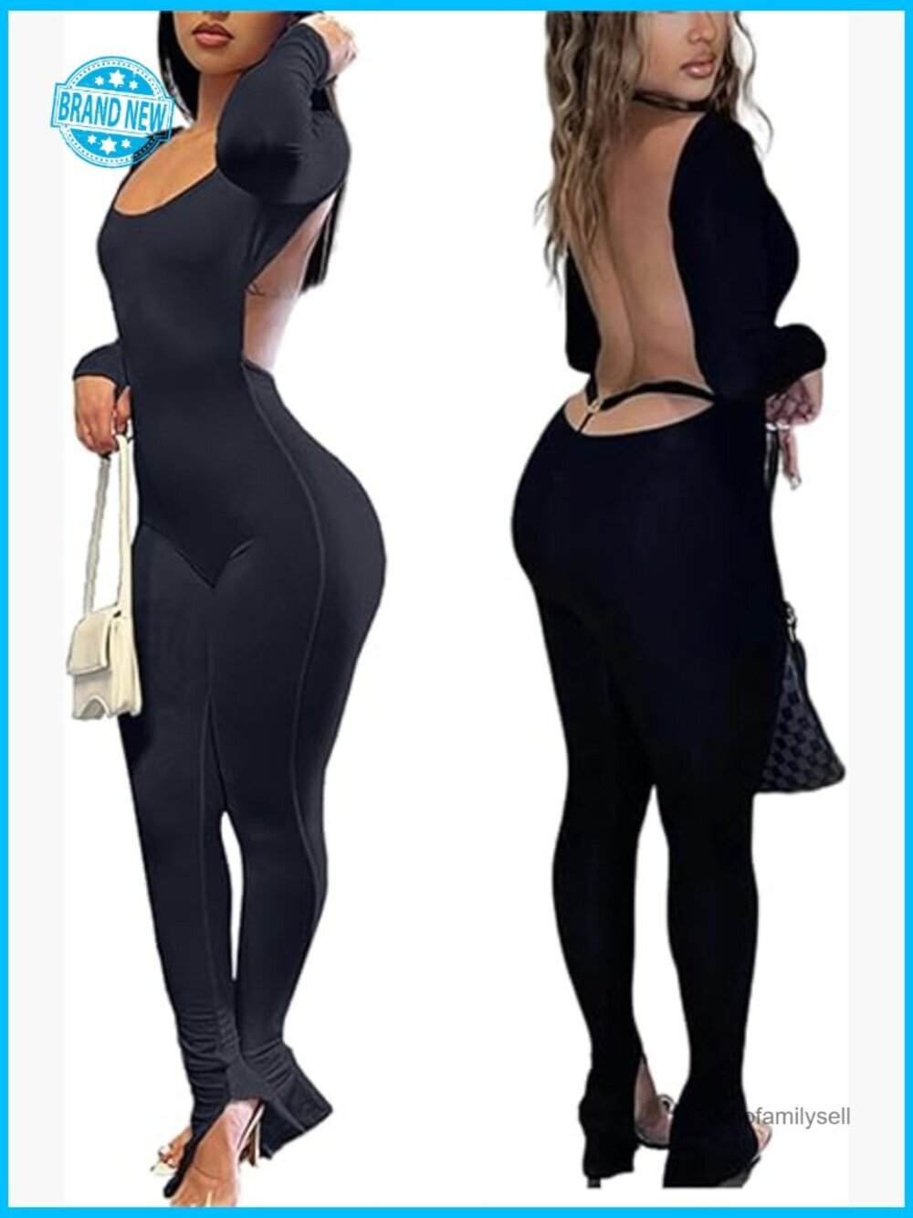 Long Sleeve Jumpsuit Bodycon Backless Scoop Neck Slim Fit Party Clubwear